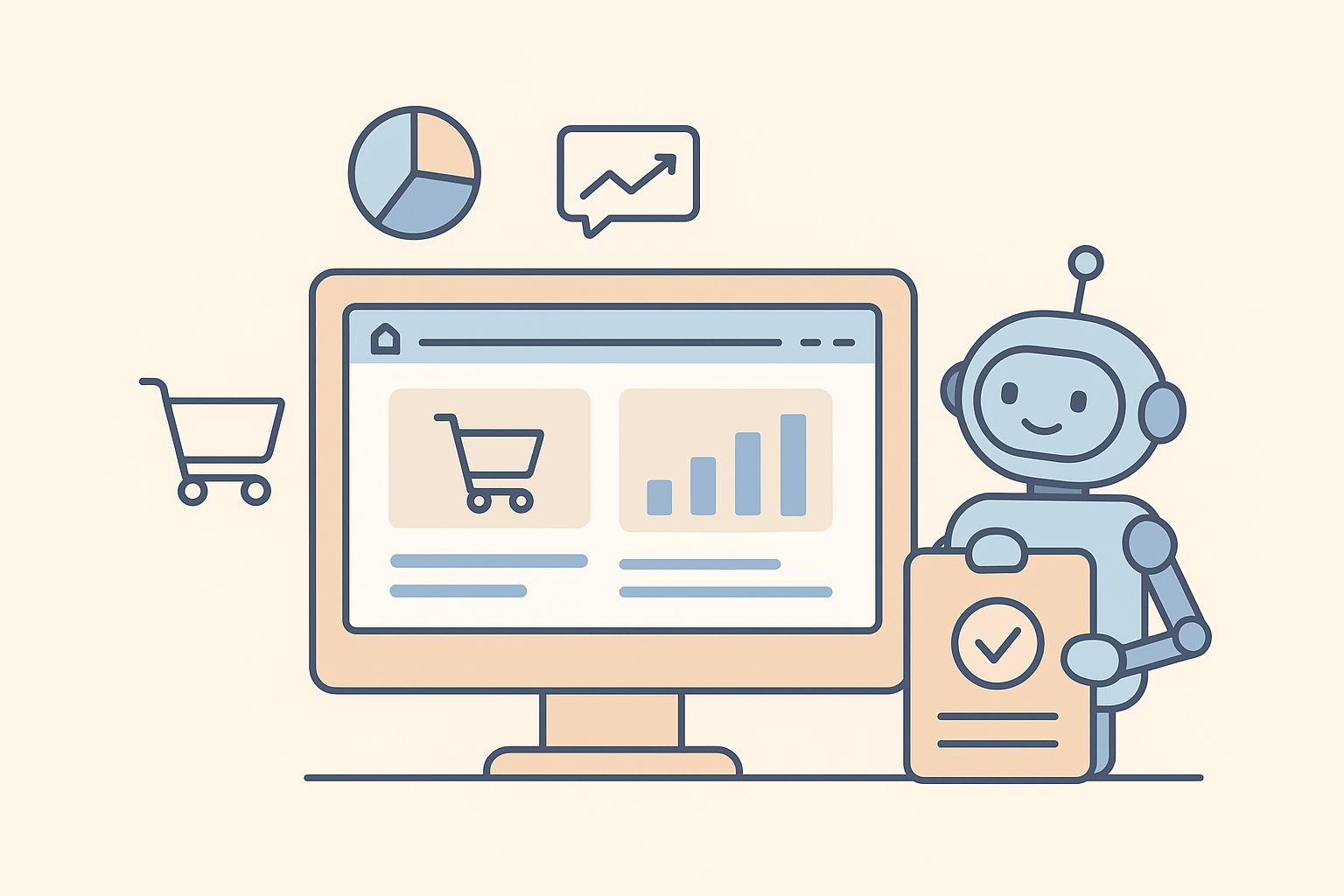 AI assisting online store management with analytics and shopping features.