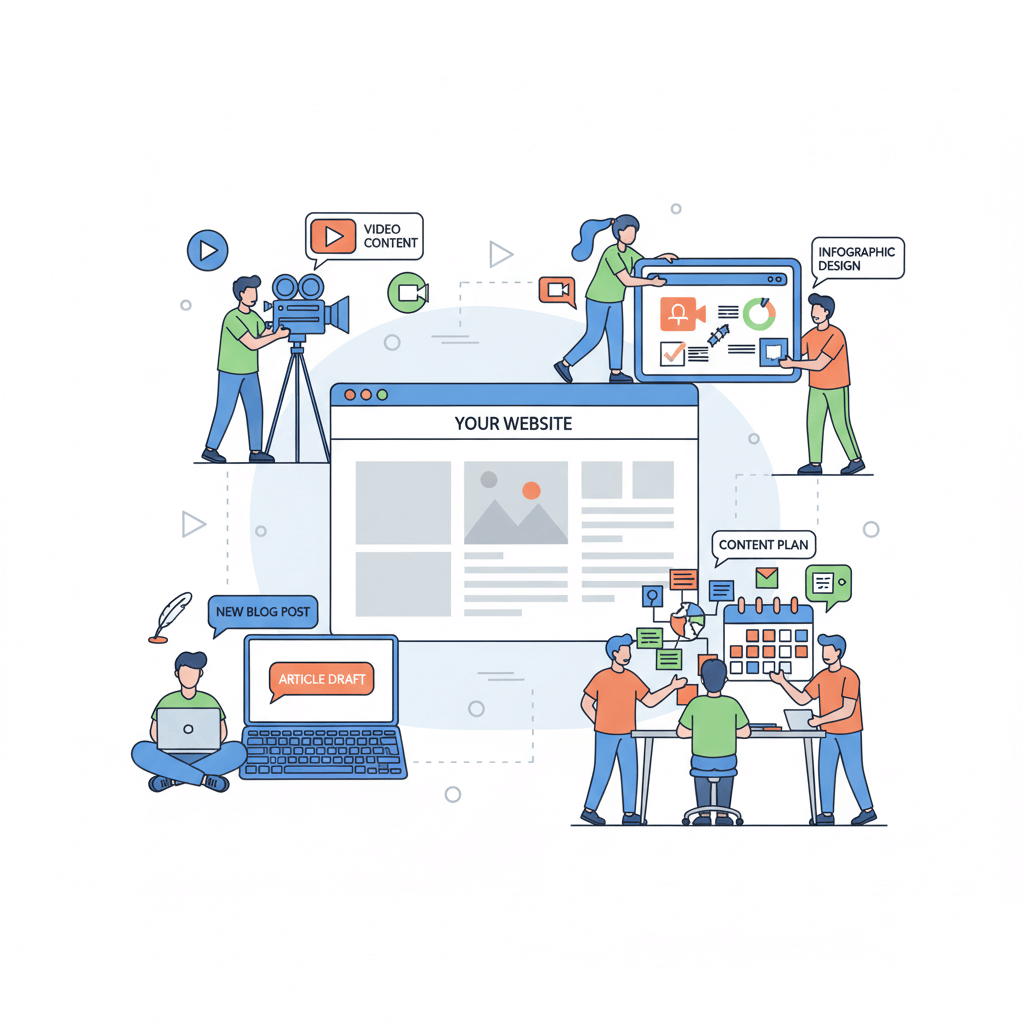 Content marketing strategy showing blogs, videos, and infographics used to grow a website.