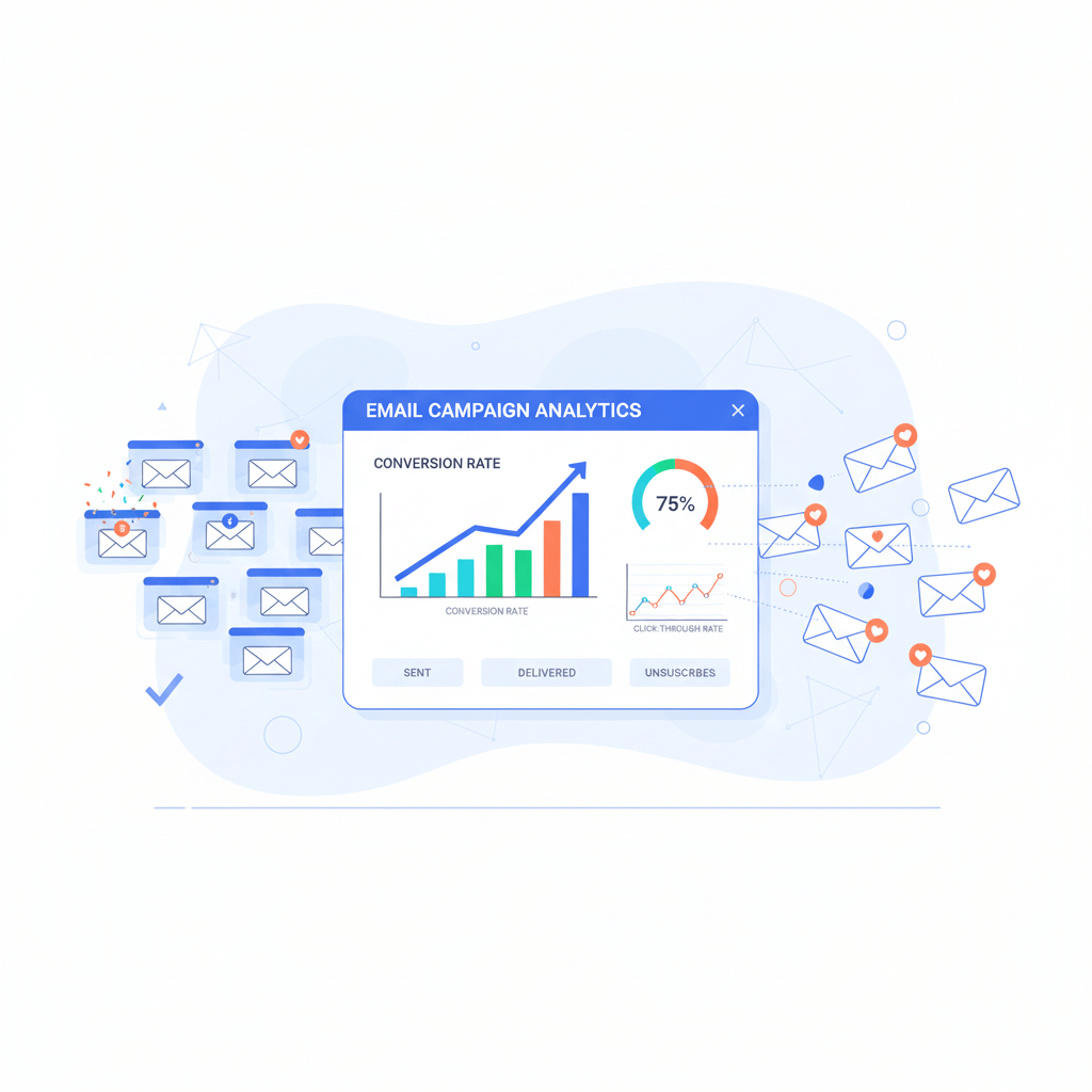 Email marketing campaign illustration showing messages reaching customer inboxes.