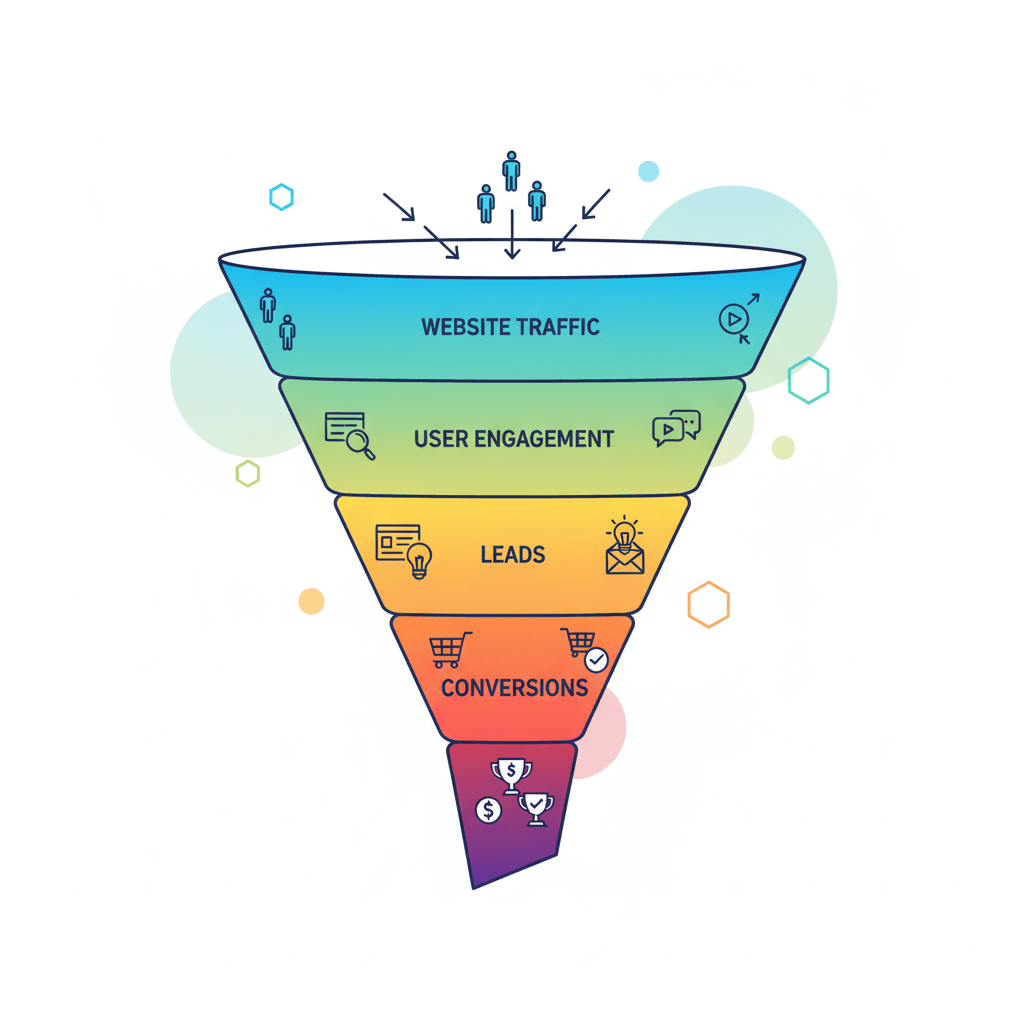 Digital marketing funnel showing website traffic, lead generation, and conversions.